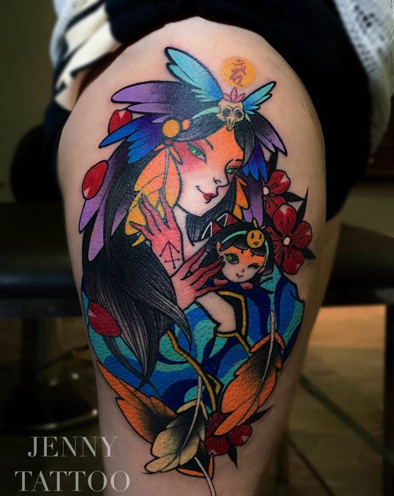 顾客女友纹身图片_腿部New School生肖鸡日式纹身图案