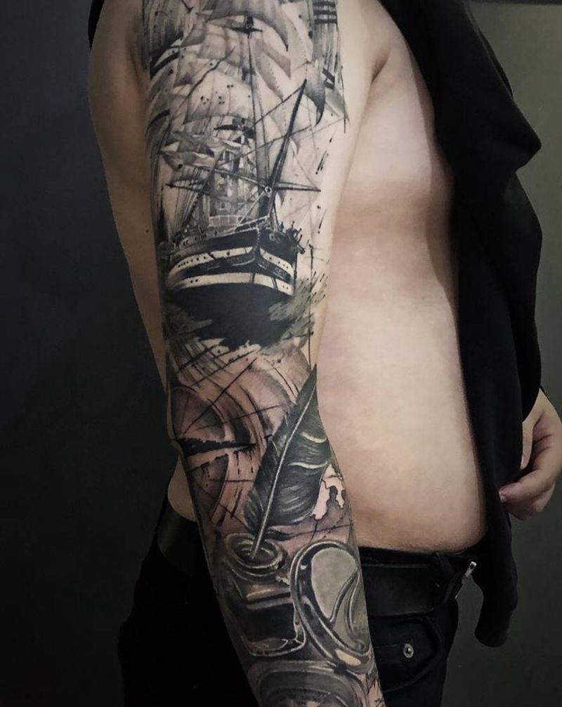 航海元素花臂纹身图片_手臂欧美写实水墨纹身图案