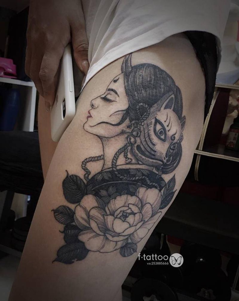 艺伎.纹身图片_腿部新传统老传统艺伎纹身图案