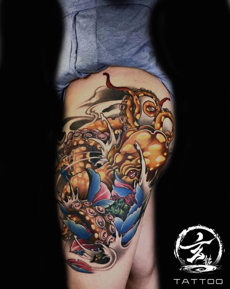 章鱼莲花纹身图片_腿部新传统纹身图案