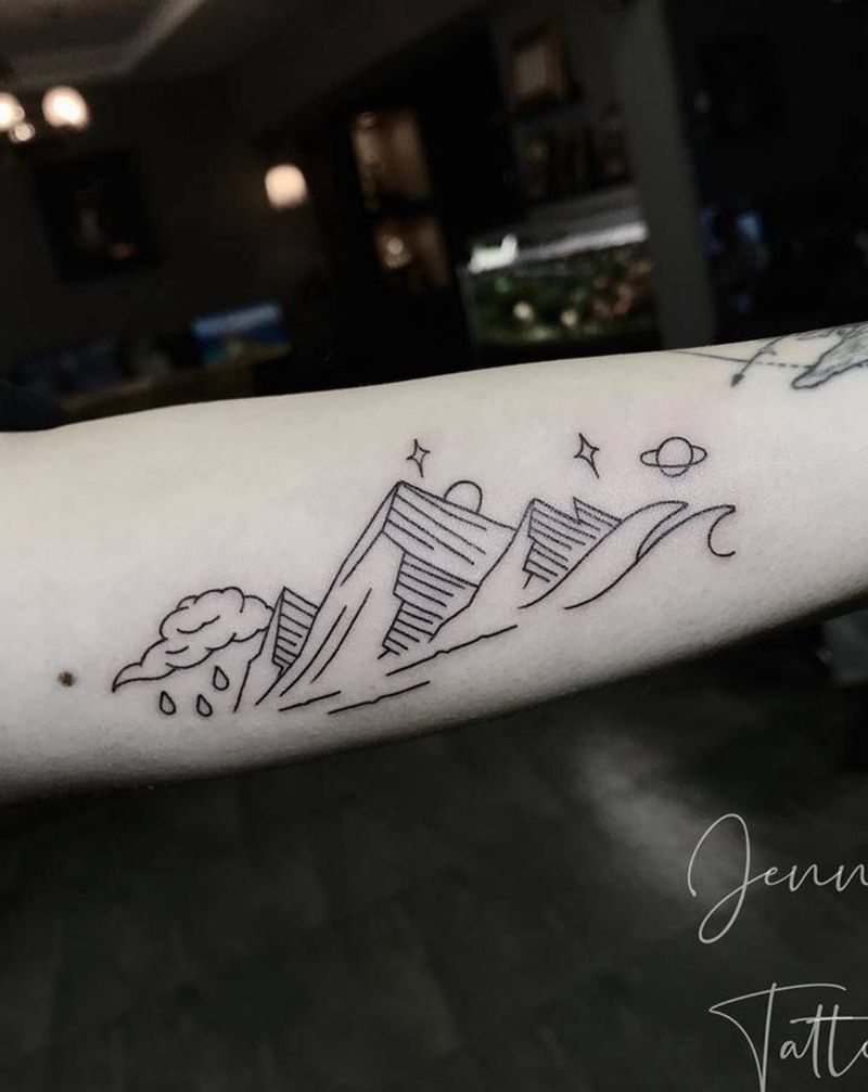 风景纹身图片_手臂几何山云浪纹身图案