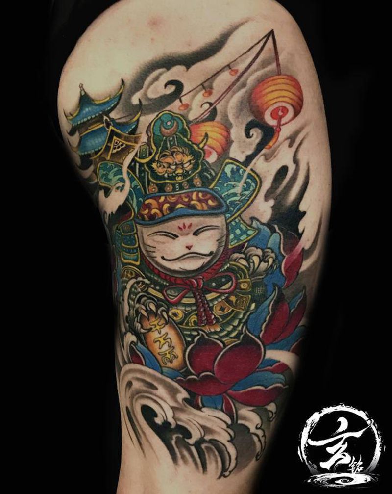 招财猫纹身图片_新传统纹身图案