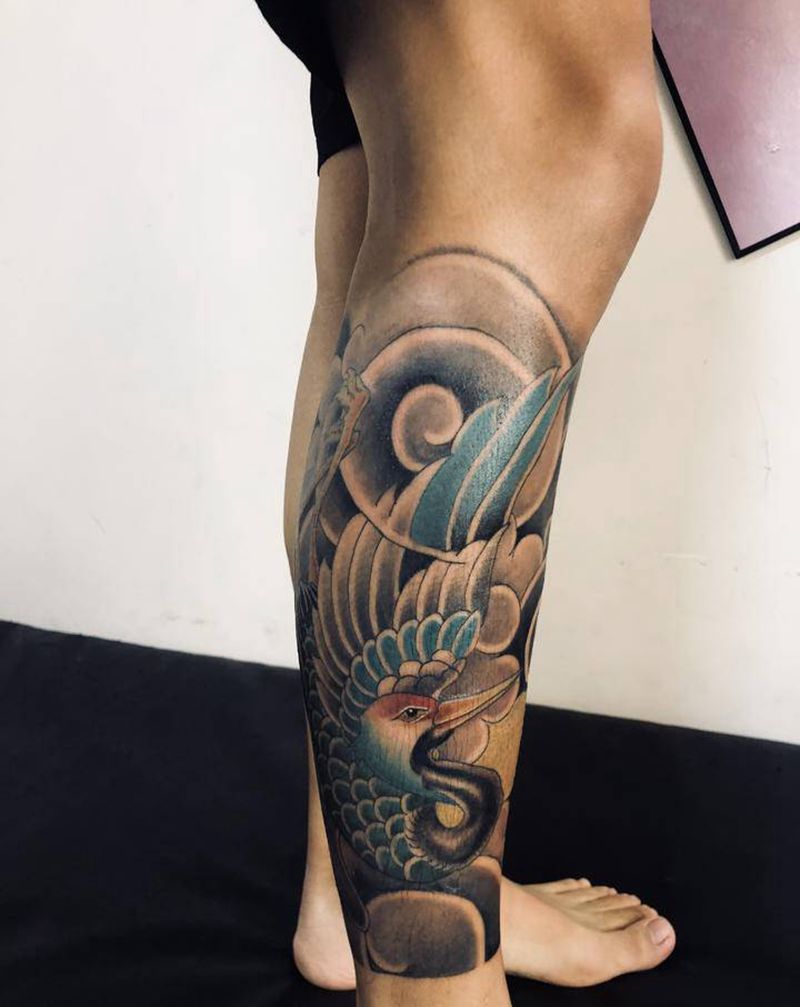 仙鹤包小腿纹身图片_腿部纹身图案