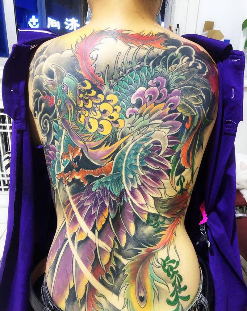 凤凰纹身图片_背部新传统老传统纹身图案