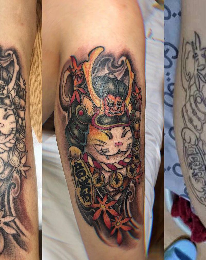 修改，武士猫纹身图片_腿部老传统新传统武士猫纹身图案