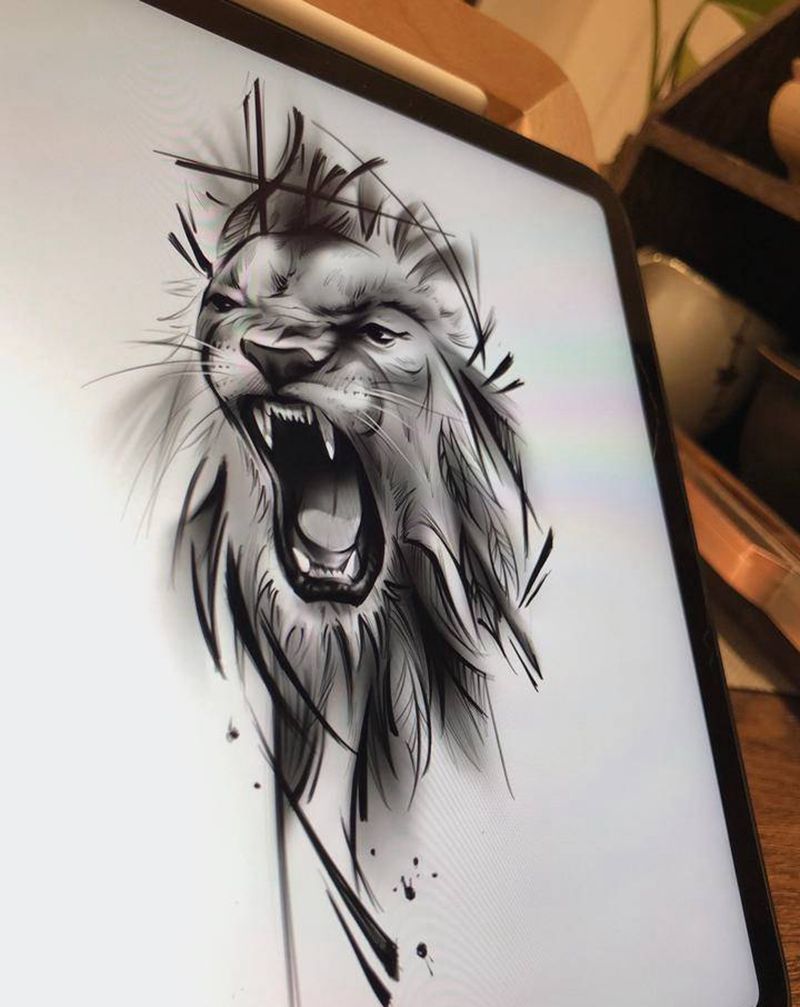 速写狮子与羽毛纹身图片_手臂肩部几何狮子羽毛纹身图案