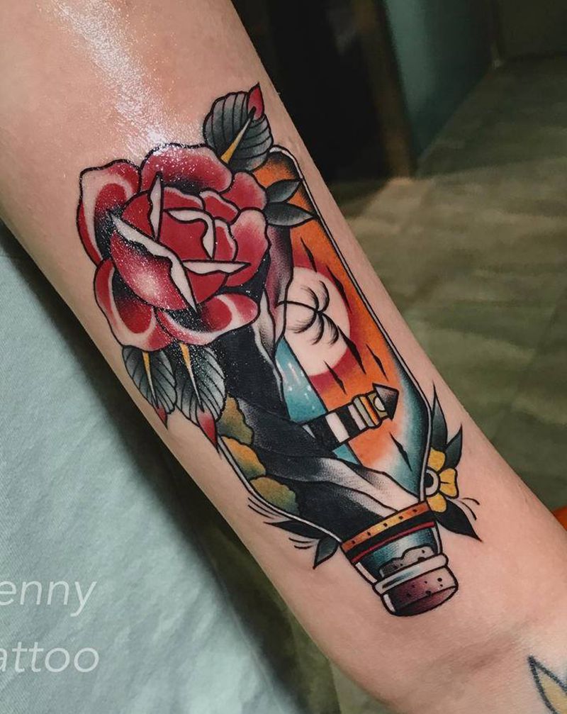 漂流瓶 遮盖设计纹身图片_手臂New SchoolOld School遮盖玫瑰风景纹身图案