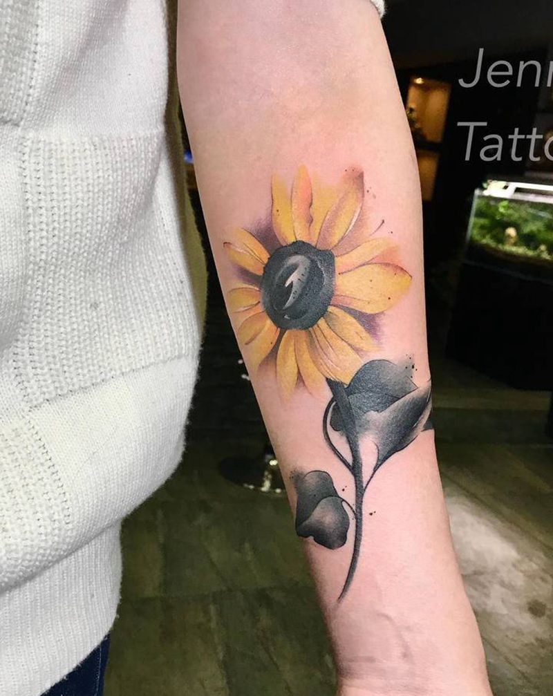 水墨向日葵纹身图片_手臂水墨水彩植物向日葵设计纹身图案