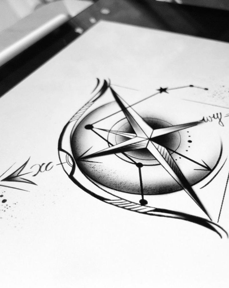 客订原创射手座白羊座纹身手稿纹身图片_背部点刺几何射手座白羊座情侣纹身图案