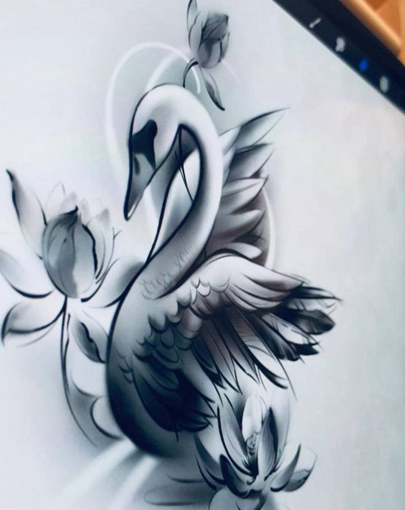 原创天鹅与荷花纹身图片_背部天鹅荷花纹身图案
