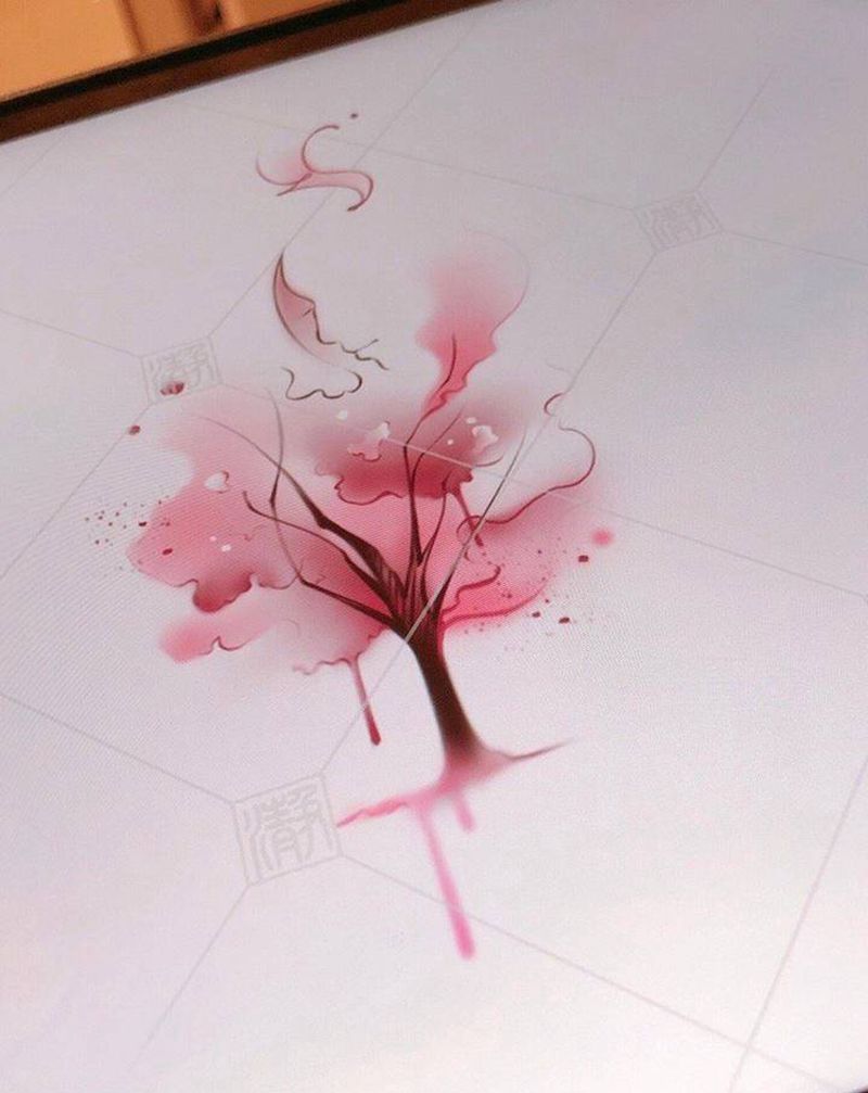 樱花树纹身图片_水彩樱花树纹身图案