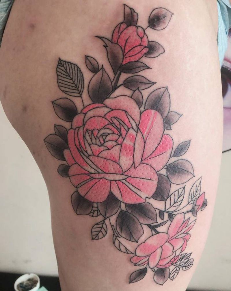 素花纹身图片_腿部新传统老传统纹身图案