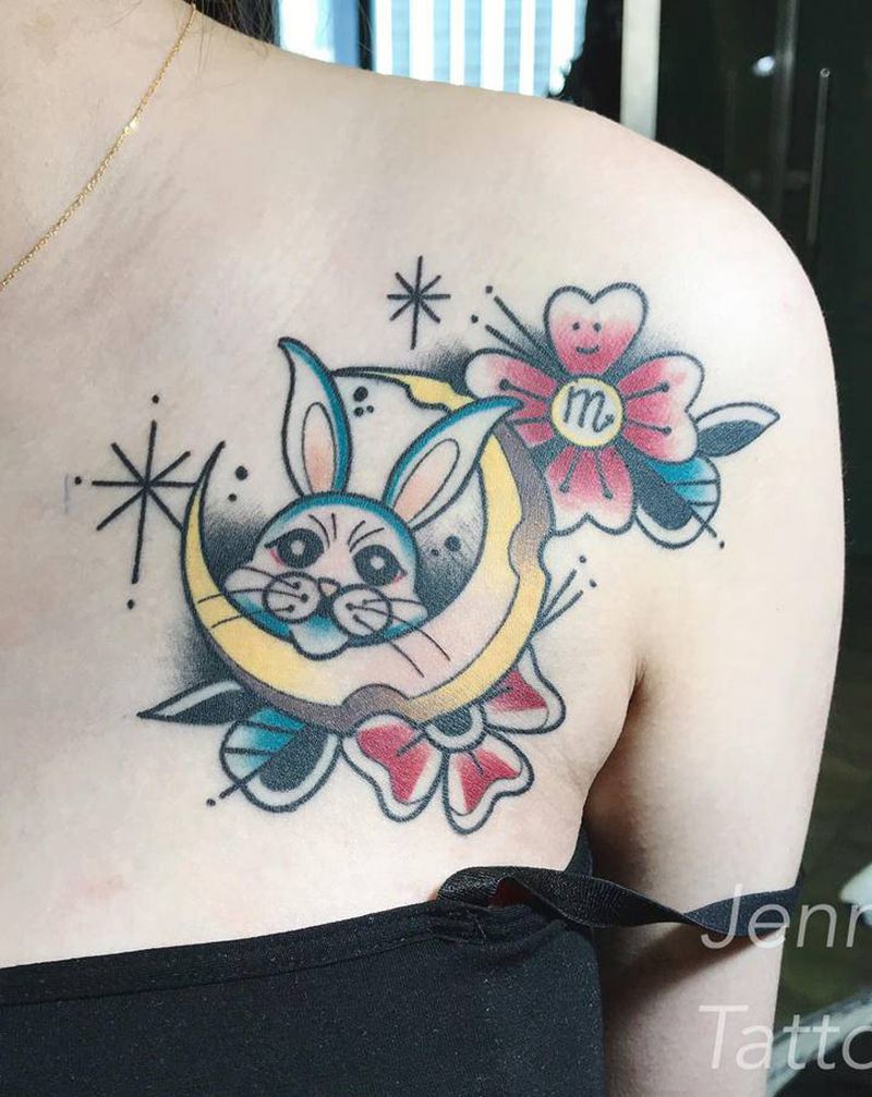 天蝎兔子纹身图片_肩部Old School星座兔子月亮纹身图案