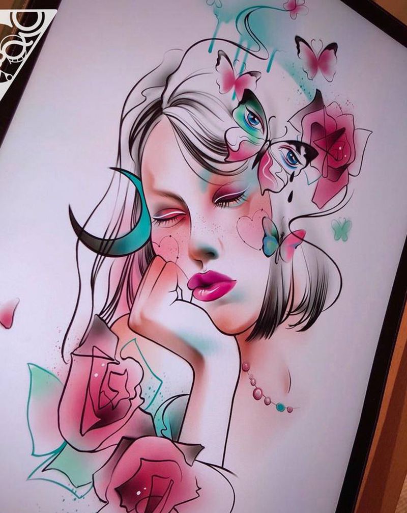 梦里蝴蝶纹身图片_腿部手臂水彩蝴蝶女性肖像纹身图案