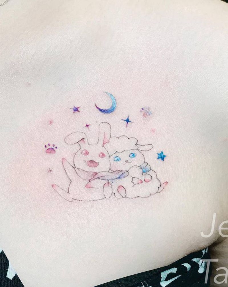 小清新纹身图片_肩部胸部水彩动物星空卡通纹身图案