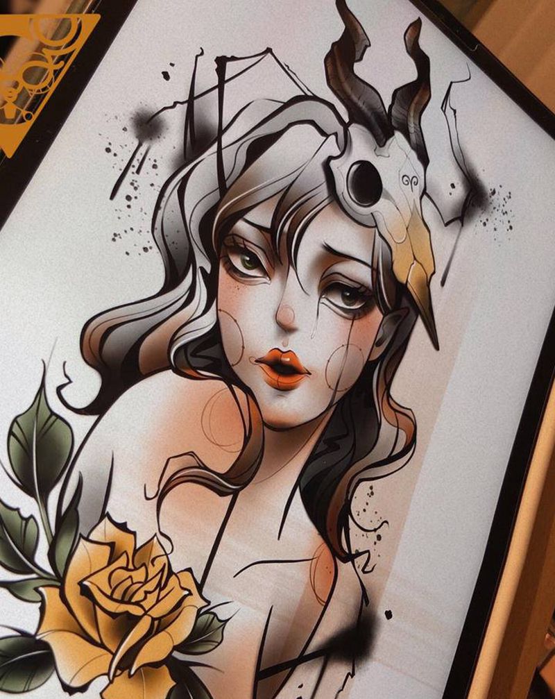 羊头骨与黄玫瑰女孩纹身图片_手臂腿部New School女性玫瑰羊纹身图案