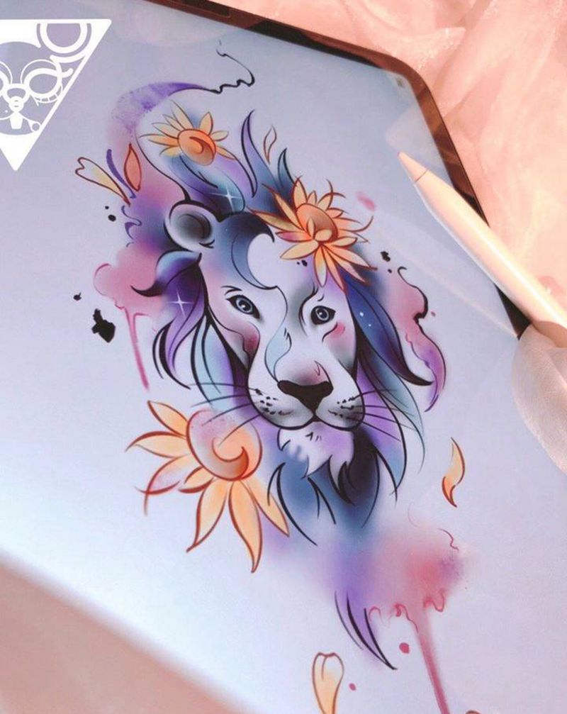 狮子与向日葵添加纹身图片_水彩狮子向日葵狮子座纹身图案