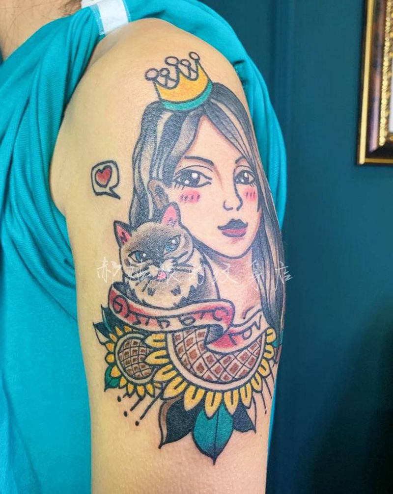 她和她的猫纹身图片_手臂Old School猫向日葵女孩纹身图案