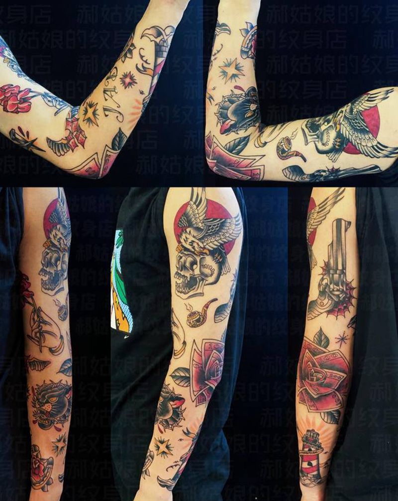 拼接花臂纹身图片_手臂Old School枪玫瑰花老鹰纹身图案