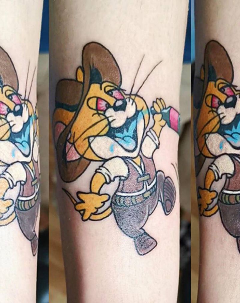 西部牛仔醉汉杰利鼠纹身图片_手臂New School杰利鼠酒牛仔纹身图案