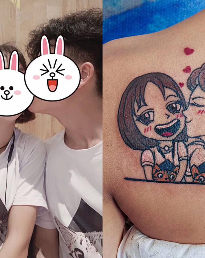 情侣卡通头像纹身图片_肩部New School男孩女孩猫纹身图案