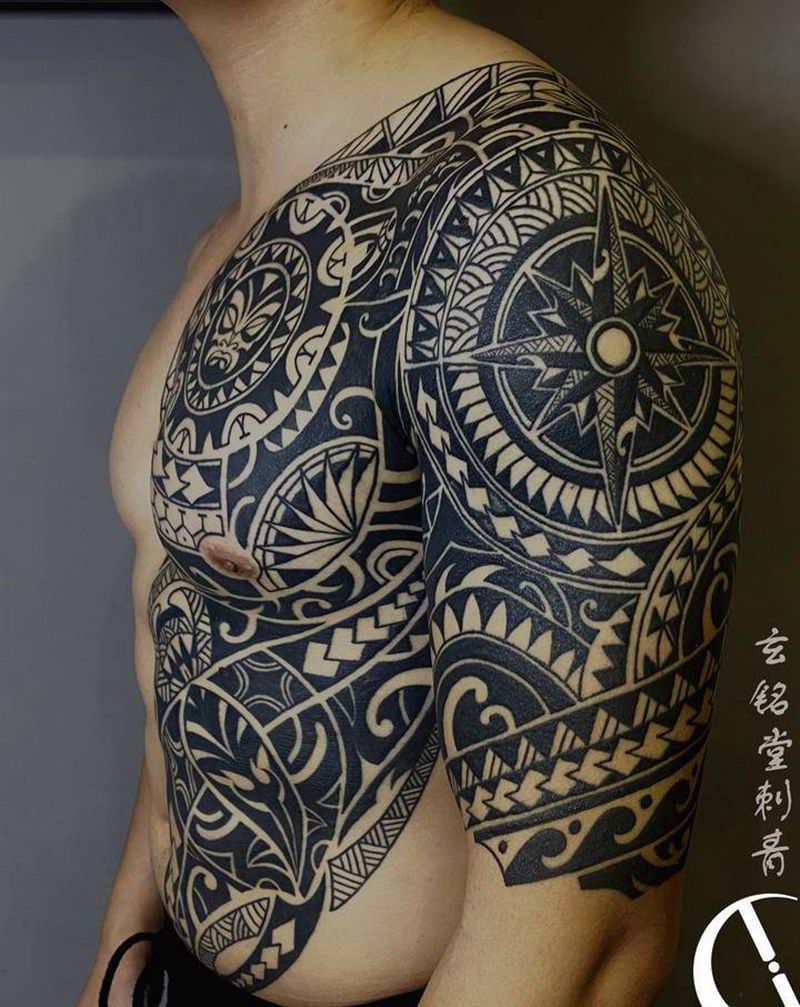 玛雅图腾纹身图片_胸部肩部图腾新传统纹身图案