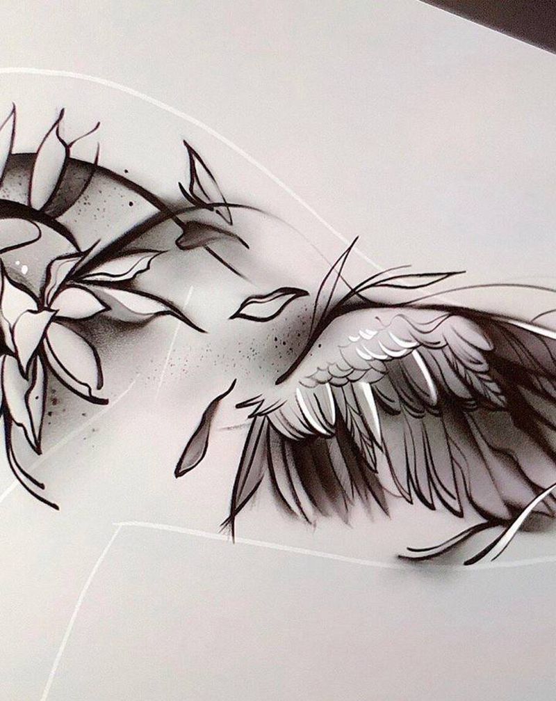 翅膀与向日葵定制纹纹身图片_手臂翅膀向日葵纹身图案