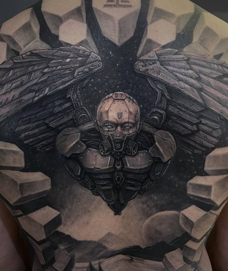 《赛博朋克义体战士》满背修改纹身图片_背部欧美写实纹身图案