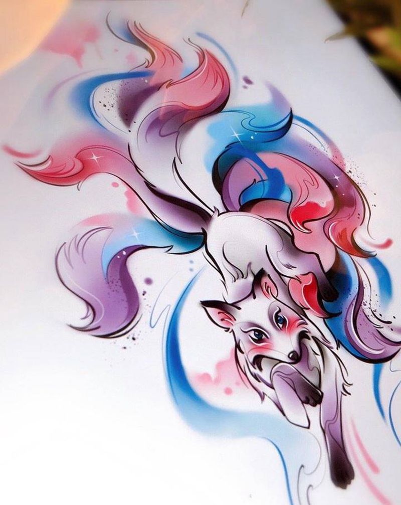 客订九尾狐文身手稿纹身图片_背部水彩狐狸九尾狐纹身图案