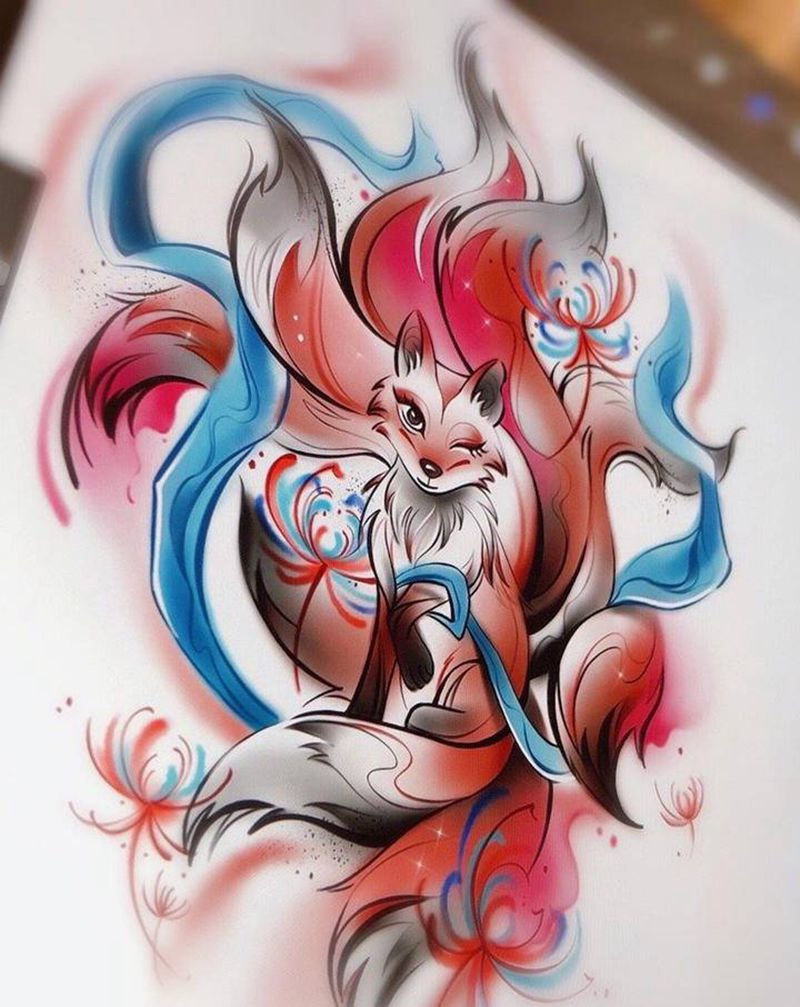 彼岸花九尾狐定制纹身纹身图片_背部腰部水彩水墨狐狸九尾狐纹身图案