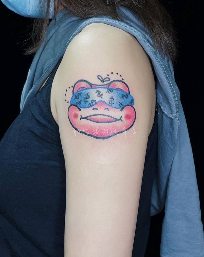 粉红蛙纹身图片_手臂Old School青蛙眼罩金钱纹身图案