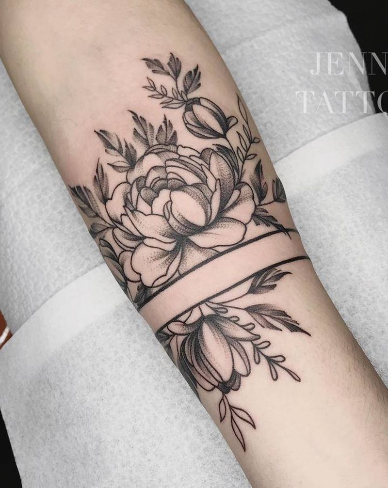 素花臂环纹身图片_手臂点刺几何臂环植物花纹身图案