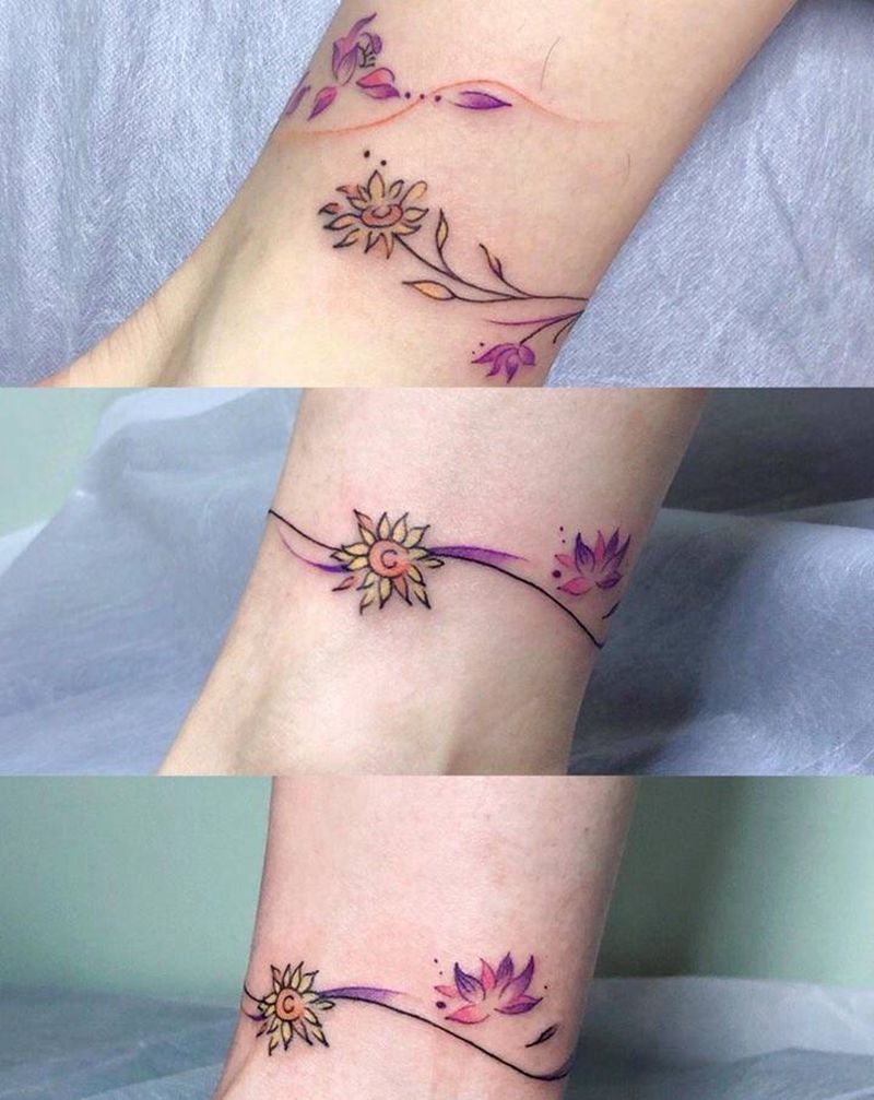 向日葵荷花定制腿环纹身图片_向日葵荷花纹身图案