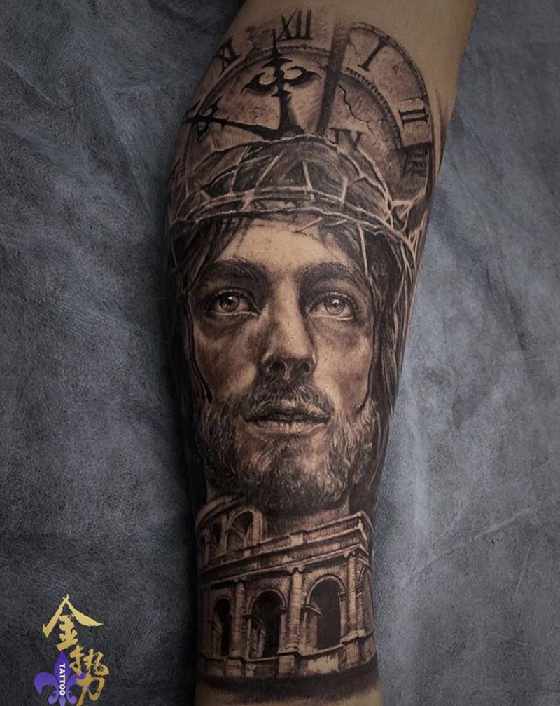 《耶稣》纹身图片_腿部欧美写实纹身图案