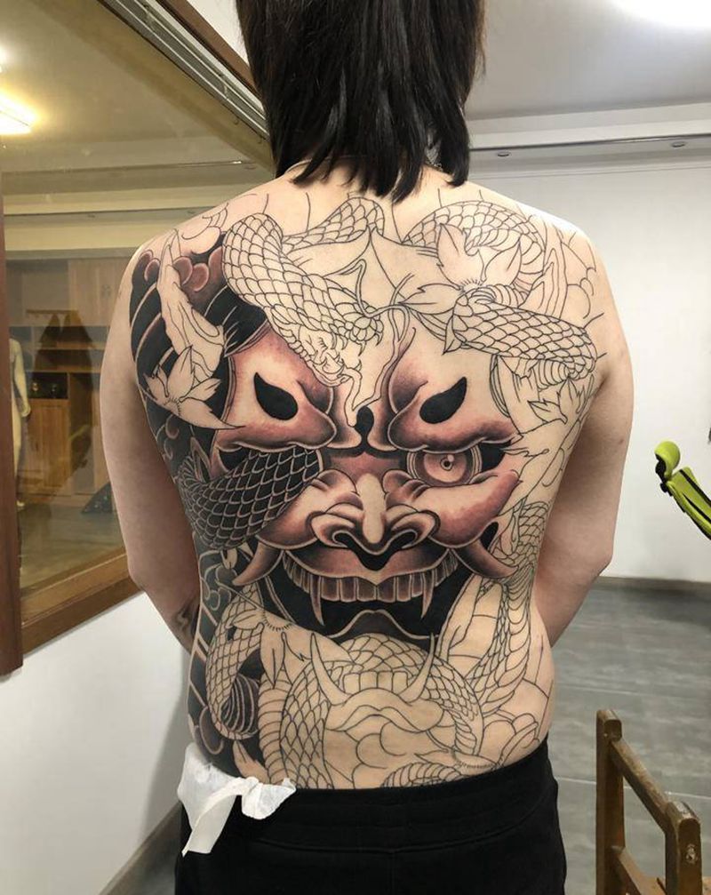 满背般若未完成纹身图片_背部老传统纹身图案