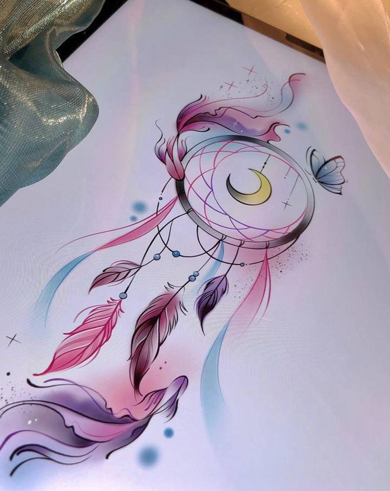 水彩捕梦网与锦鲤纹身图片_腿部手臂水彩水墨捕梦网锦鲤蝴蝶纹身图案