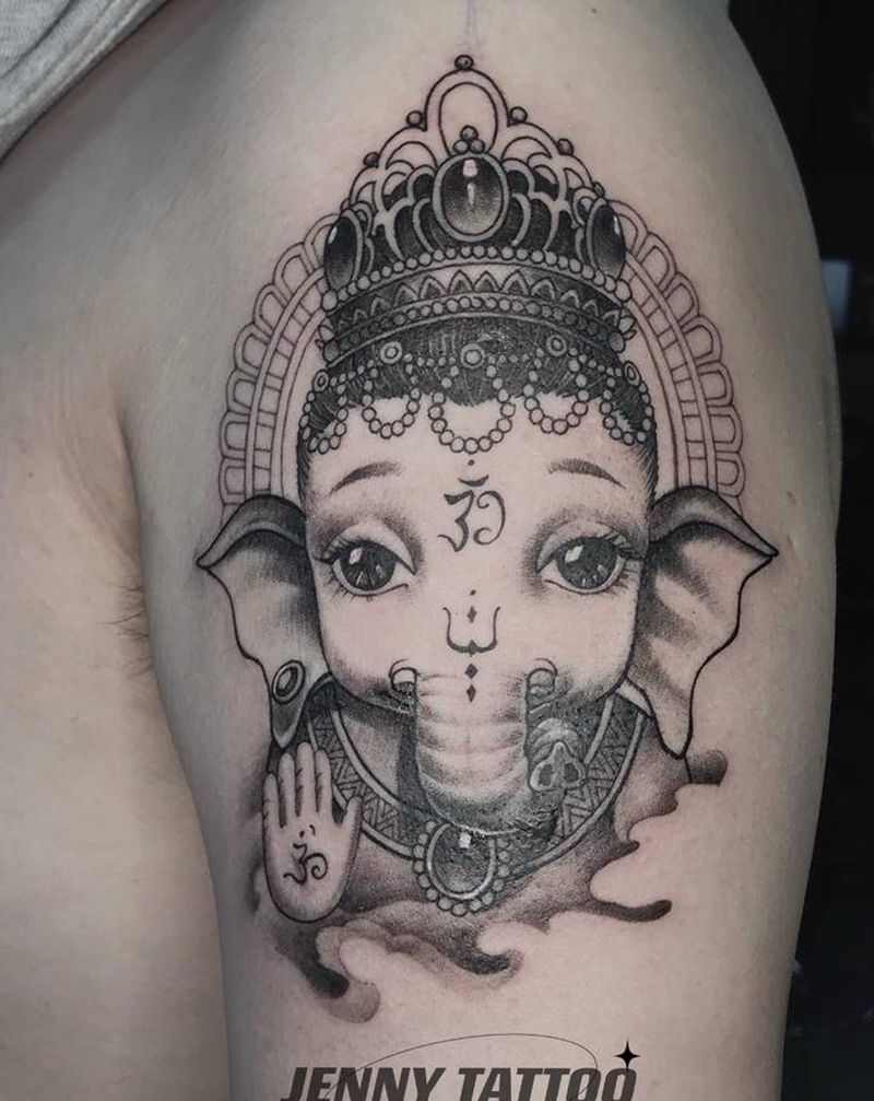 小象神纹身图片_肩部手臂新传统神象神纹身图案