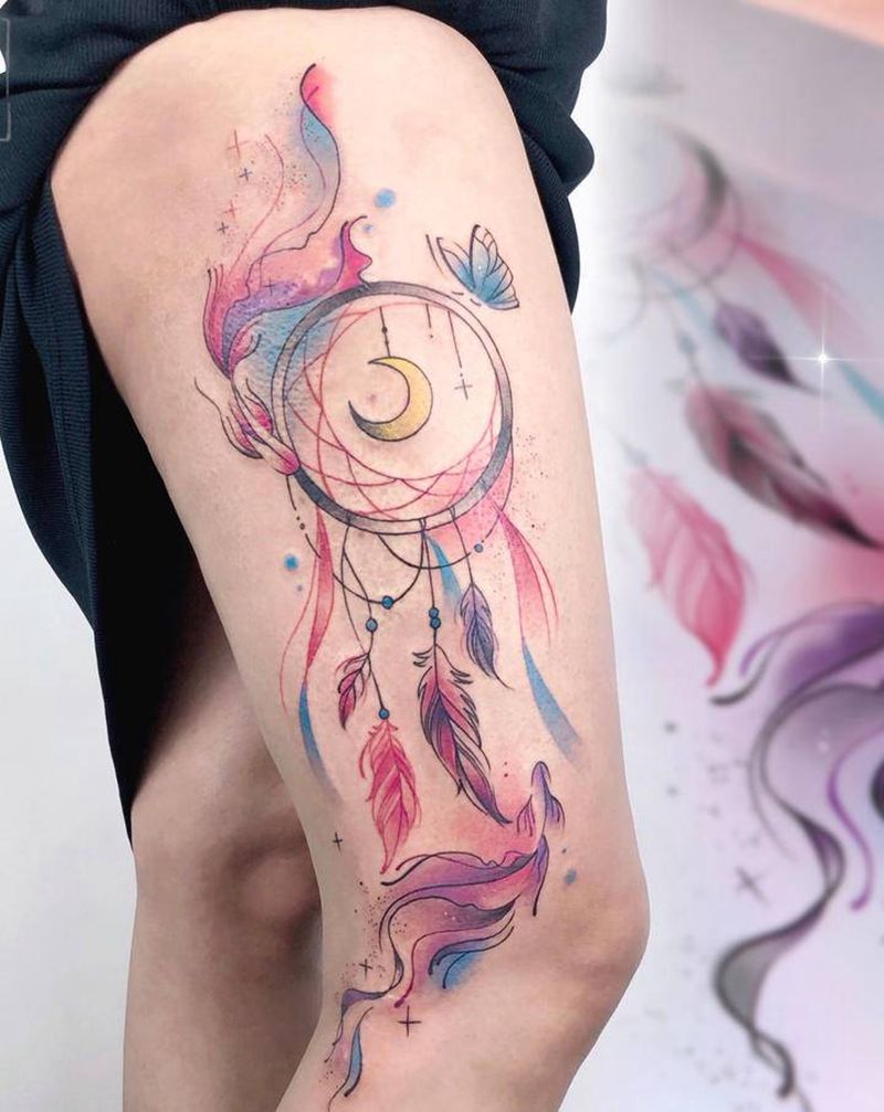 捕梦网疤痕遮盖纹身图片_腿部手臂水彩水墨捕梦网金鱼蝴蝶纹身图案