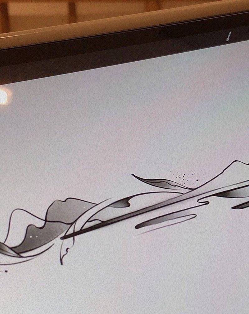 抽象山水纹身图片_手臂水墨水彩山水树叶纹身图案