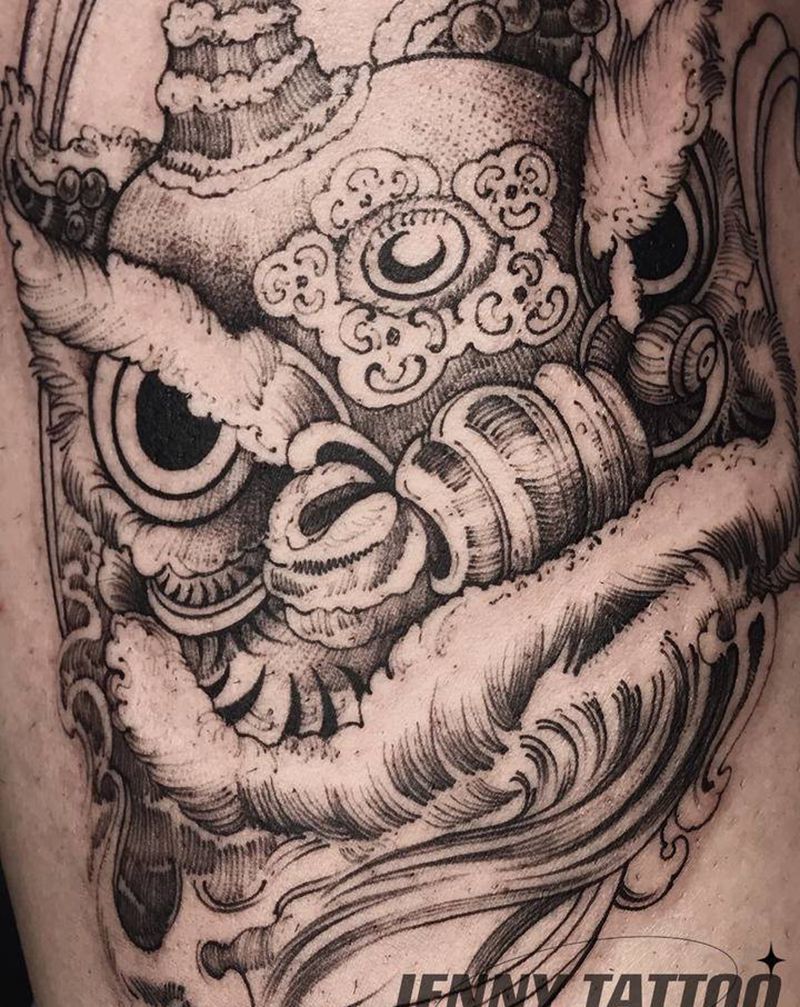 醒狮纹身图片_腿部点刺传统线条唐狮纹身图案