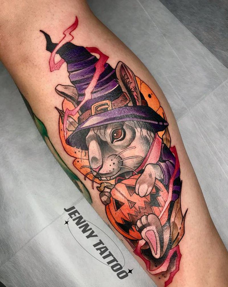 万圣节兔子纹身图片_腿部New School兔子南瓜纹身图案