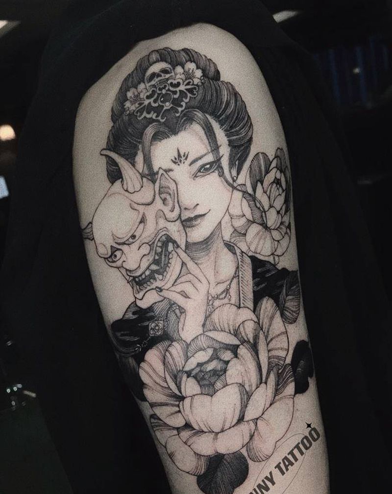 艺妓纹身图片_手臂新传统艺妓素花般若纹身图案