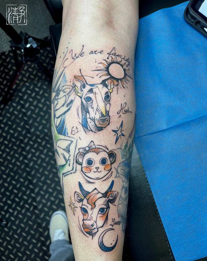 速写家人生肖纹身图片_腿部点刺几何狗狗猴子牛纹身图案