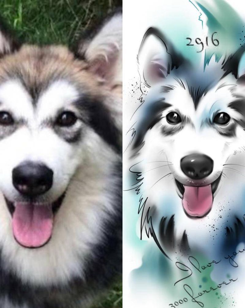 狗狗遮盖心电图手稿设计纹身图片_水彩水墨狗狗水彩遮盖纹身图案