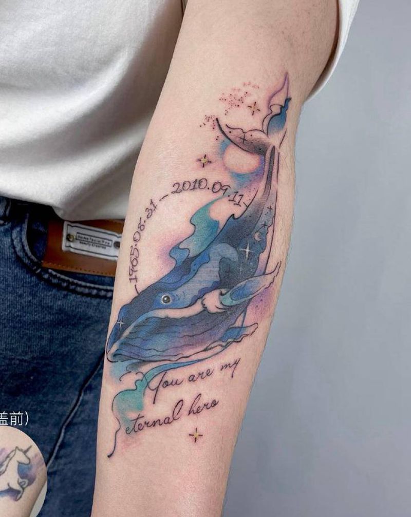 鲸鱼遮盖独角兽纹身图片_手臂水彩水墨鲸鱼纹身图案