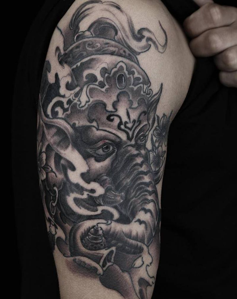 象神纹身图片_手臂新传统纹身图案