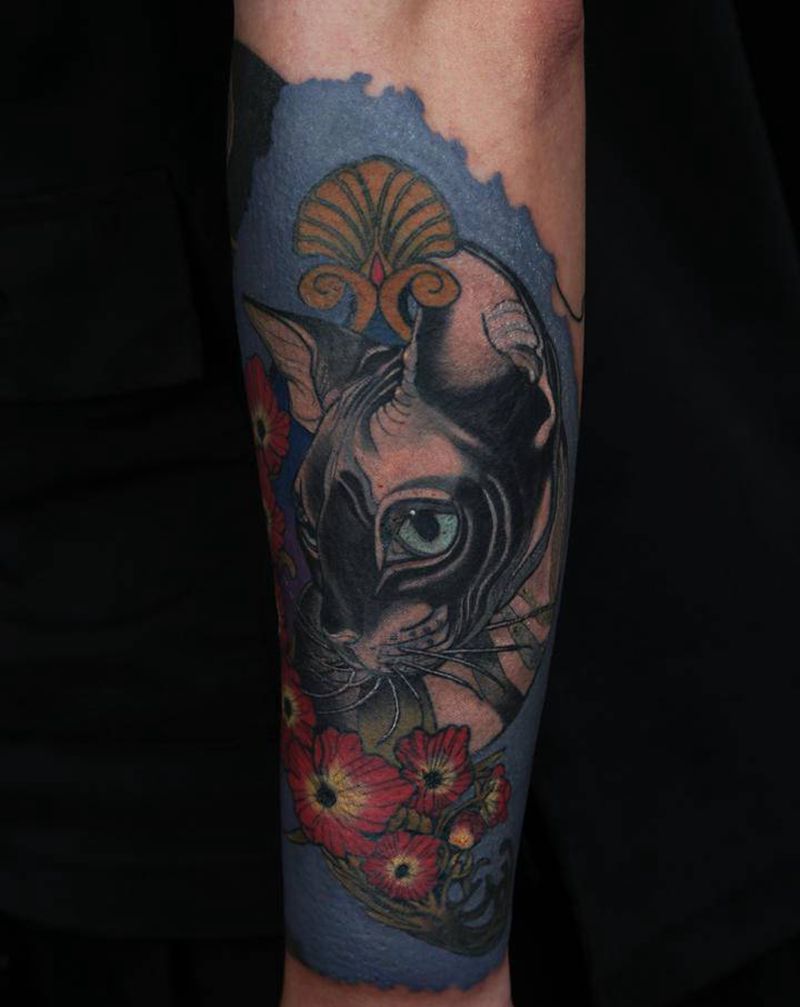 new school无毛猫完成纹身图片_手臂New School纹身图案