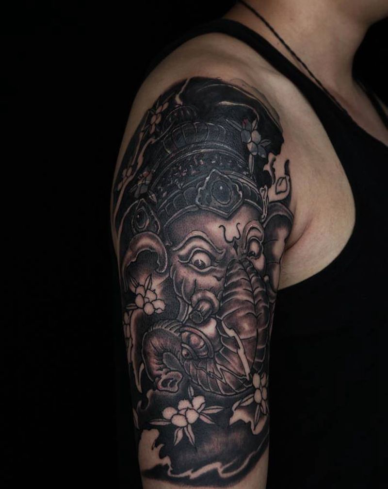 象神遮盖纹身图片_手臂新传统纹身图案