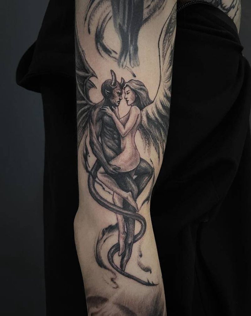 恶魔天使纹身图片_手臂欧美写实点刺纹身图案