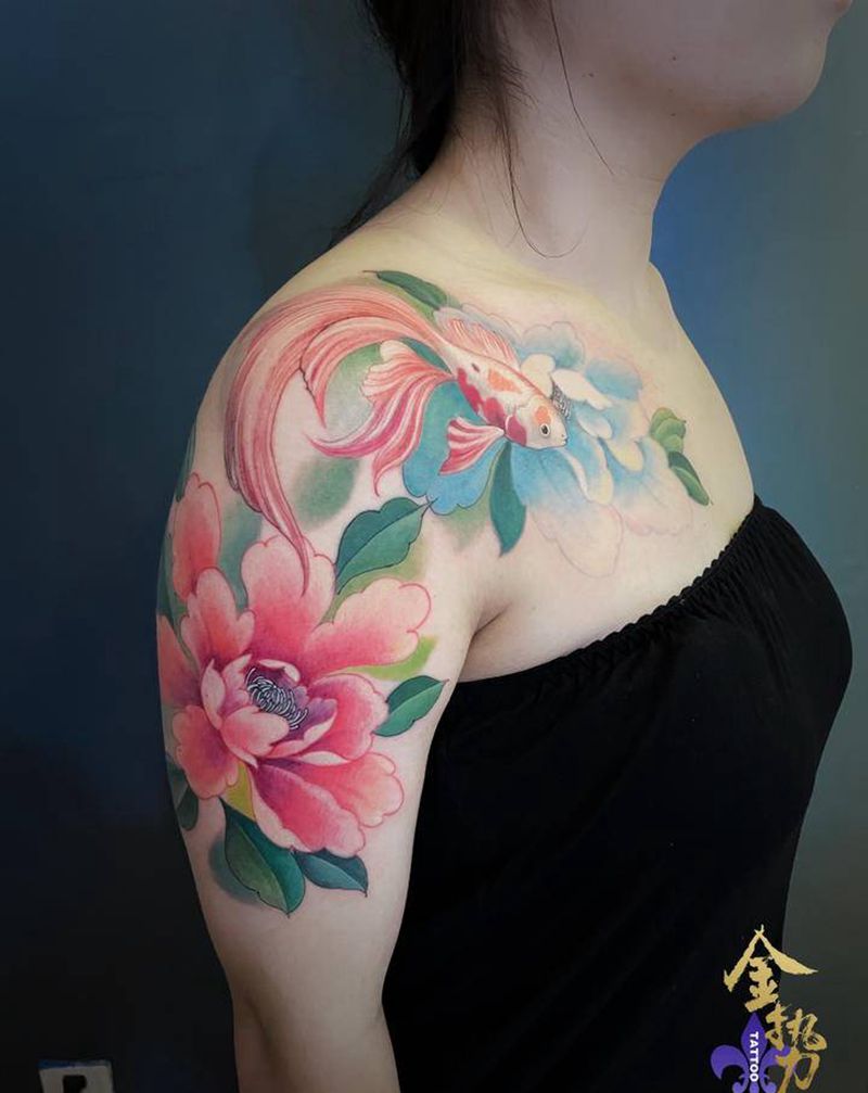 《花开富贵》纹身图片_肩部胸部水墨水彩纹身图案